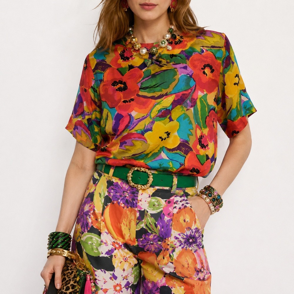 80s Silk Floral Keyhole Blouse Womens M Statement Top Colorful Shoulder Pad Art